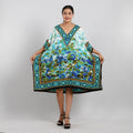 TAMSY Blue Floral Screen Printed Mid Short Kaftan - One Size Fits Most (36"x41") - Sticky add to cart bar