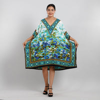TAMSY Blue Floral Screen Printed Mid Short Kaftan - One Size Fits Most (36"x41")