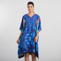 TAMSY Blue Animal Fantasy Screen Printed Mid Short Kaftan - One Size Fits Most (36"x41")