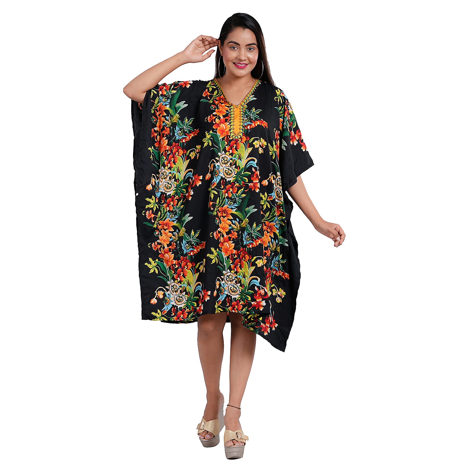 JOVIE Black Tropical Screen Printed Mid Short Kaftan - One Size Fits Most (15"Lx16"W)