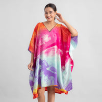 TAMSY Marble Blue Pink Screen Printed Mid Short Kaftan - One Size Fits Most (36"x41")