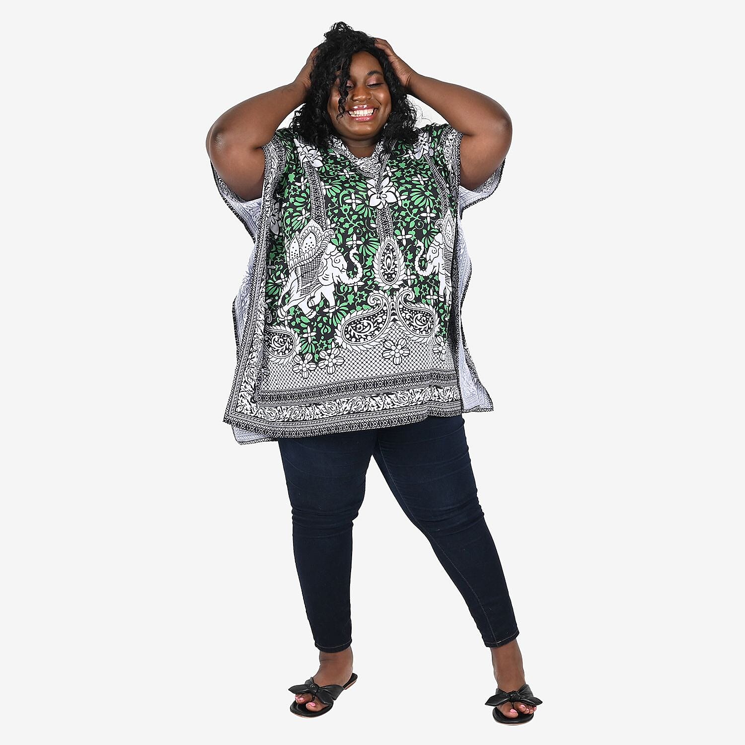 TAMSY Green Paisley Elephant Screen Printed Short Kaftan - One Size Fits Most (36"x41")