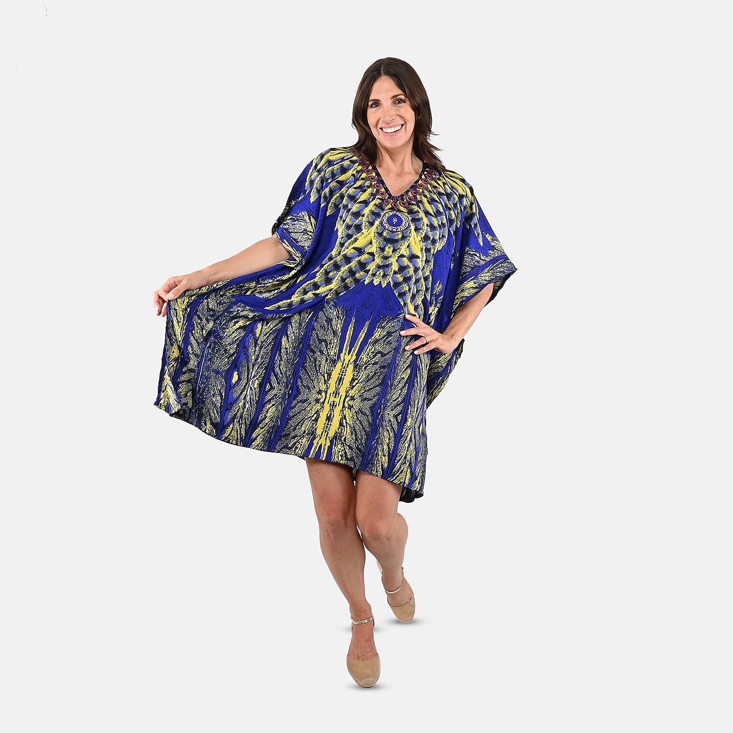 TAMSY Blue Feather Screen Printed Short Kaftan - One Size Fits Most (36"x41")