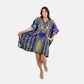 TAMSY Blue Feather Screen Printed Short Kaftan - One Size Fits Most (36"x41") - Sticky add to cart bar