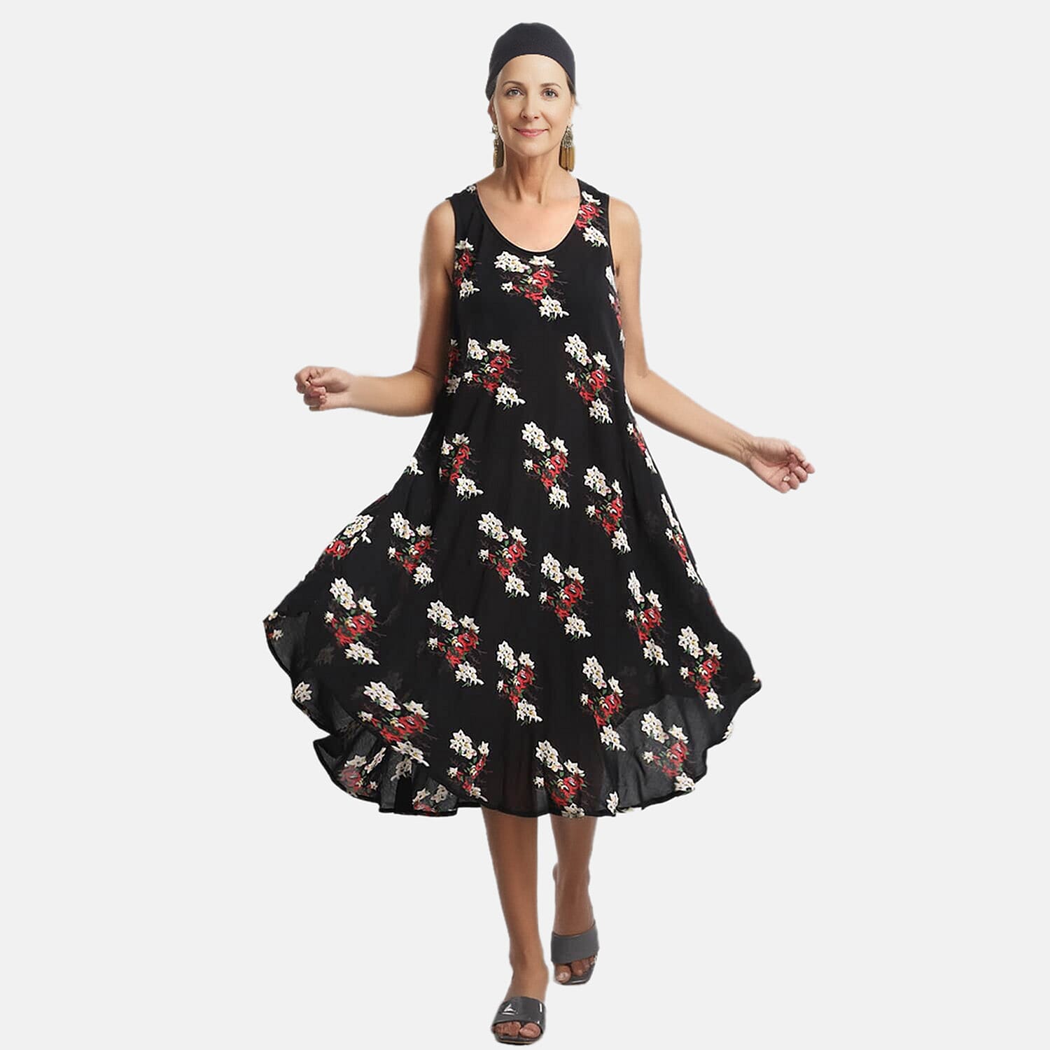 TAMSY Black Women's Repeat Floral Print Umbrella Dress -One Size Missy (44"x23")