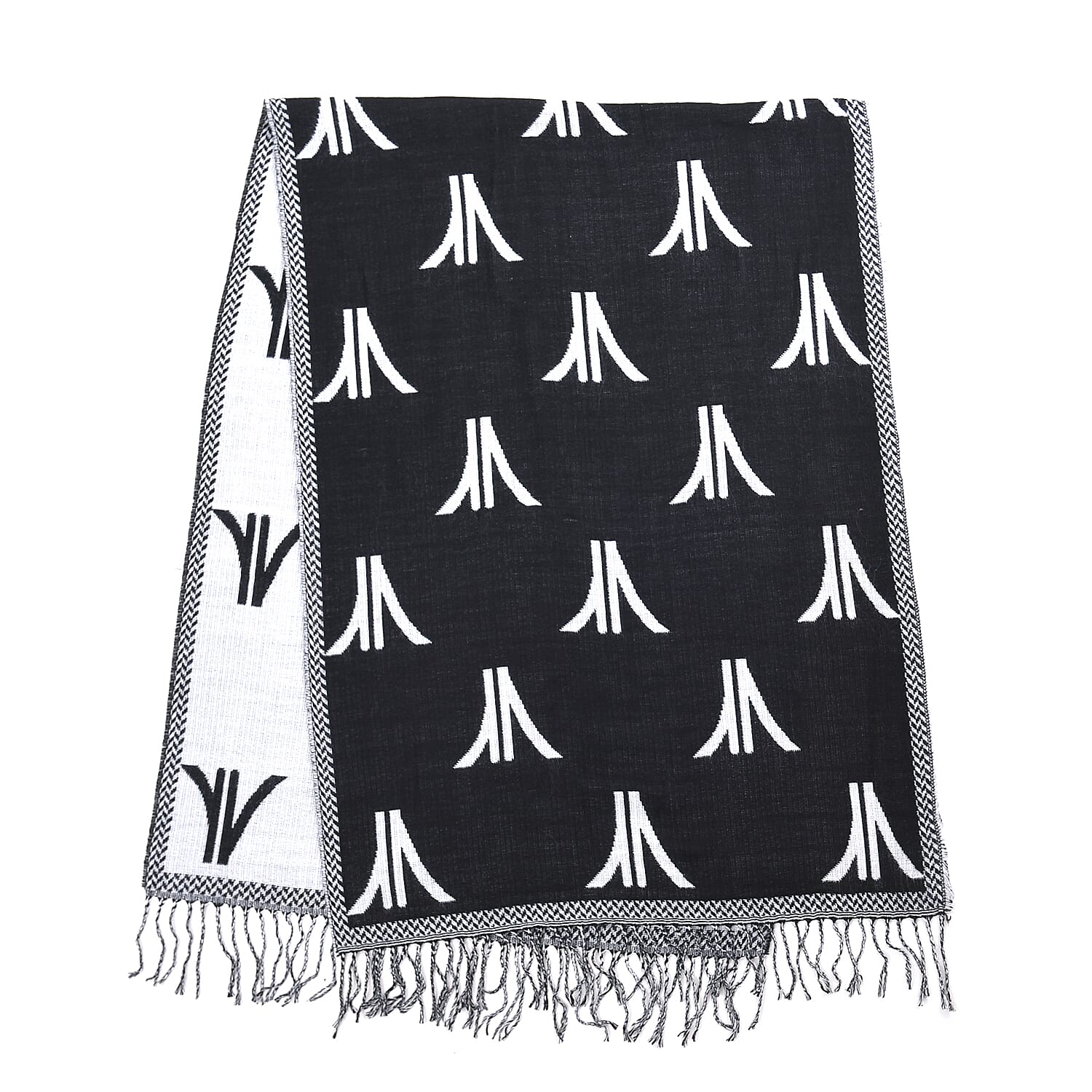 Black and White Pashmina Poncho with Tassels (23.5"x70.5")