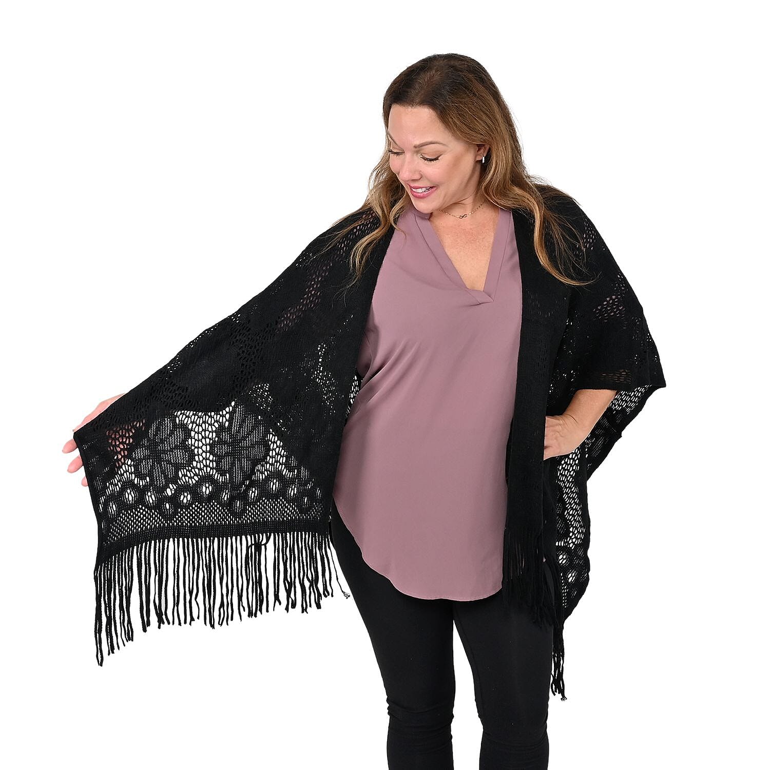 Black Hollow Out Design Poncho with Swinging Tassels (31"x63")