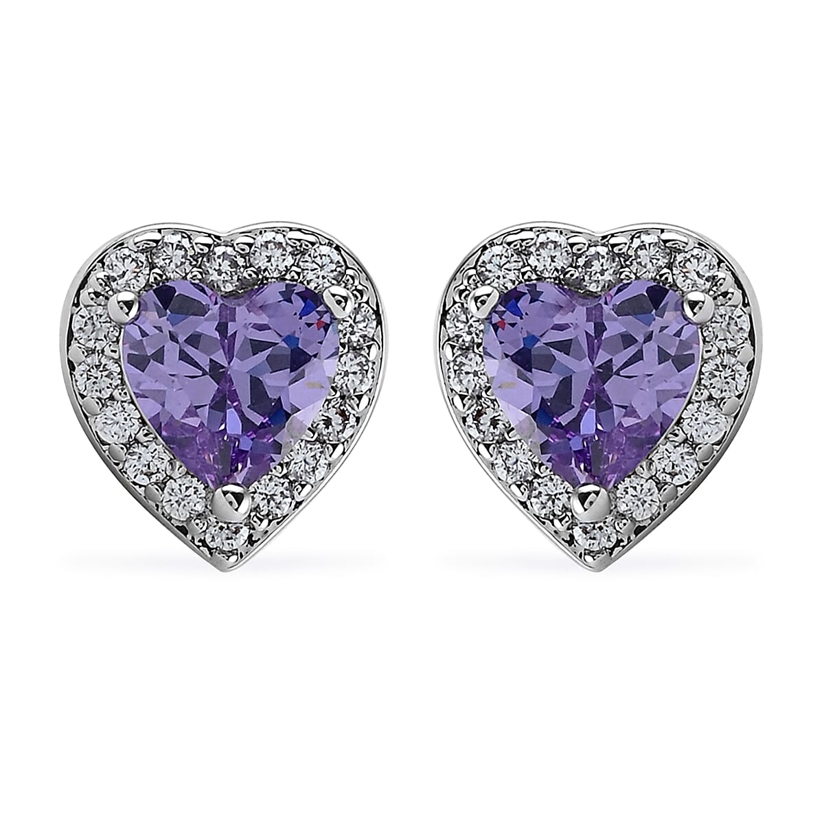 Simulated Amethyst Diamond and Simulated Diamond Heart Halo Earrings in Silvertone 0.50 ctw