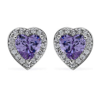 Simulated Amethyst Diamond and Simulated Diamond Heart Halo Earrings in Silvertone 0.50 ctw