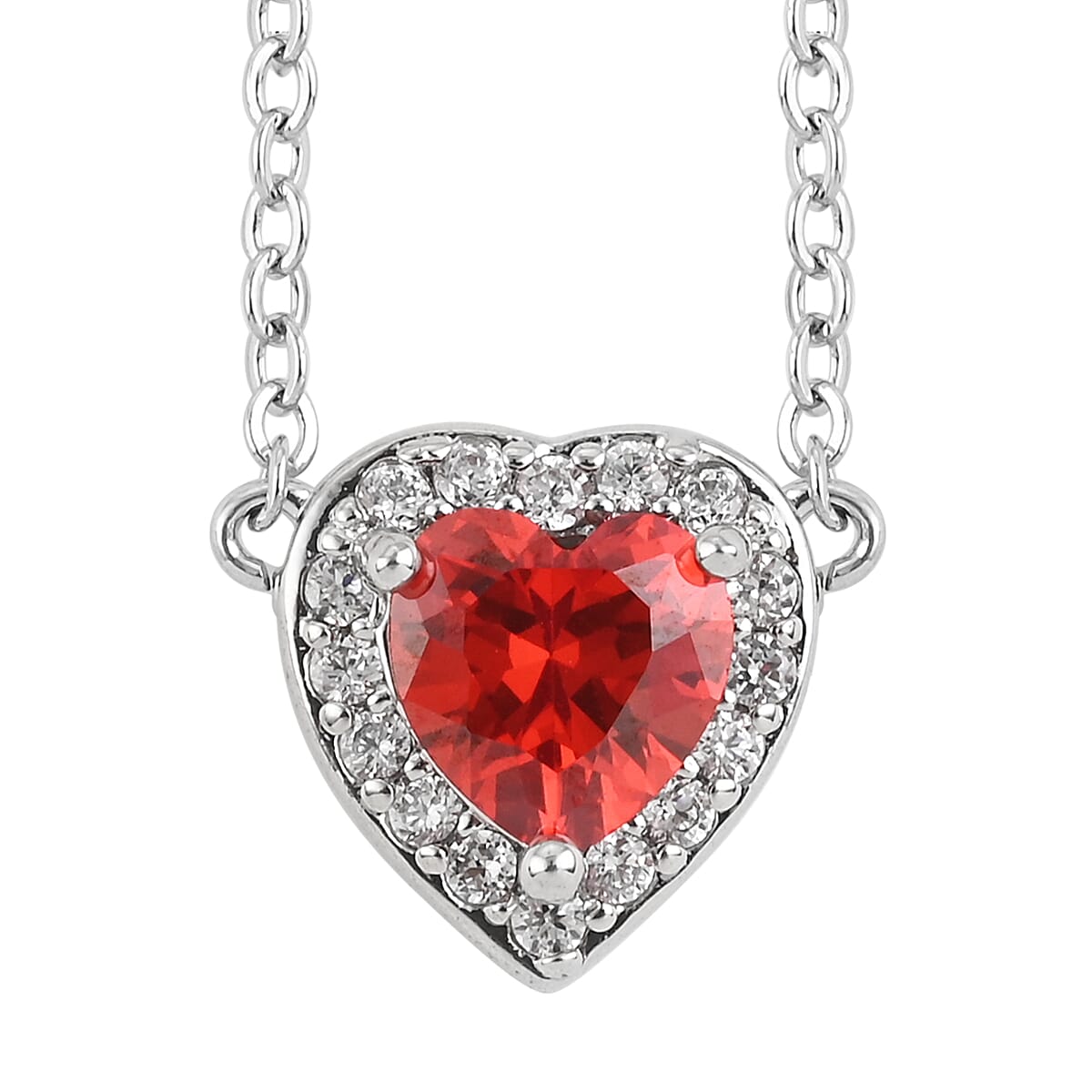 Simulated Red Diamond and Simulated Diamond Heart Halo Necklace 18 Inches in Silvertone 0.20 ctw