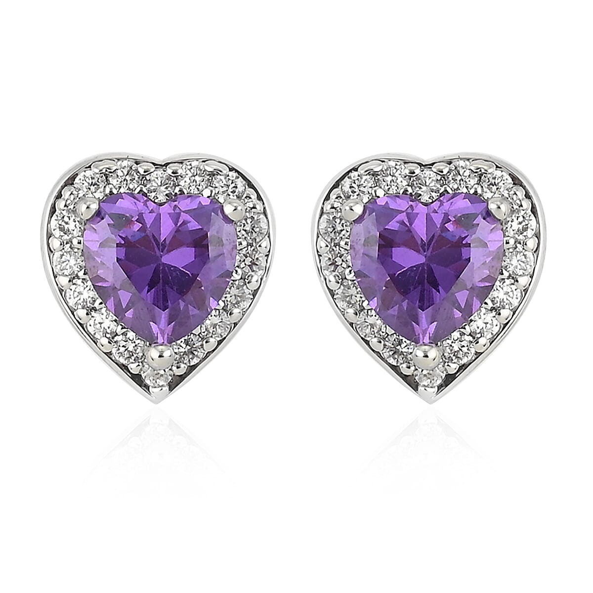 Simulated Amethyst Diamond and Simulated Diamond Heart Halo Earrings in Silvertone 0.50 ctw