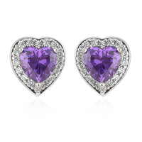Simulated Amethyst Diamond and Simulated Diamond Heart Halo Earrings in Silvertone 0.50 ctw