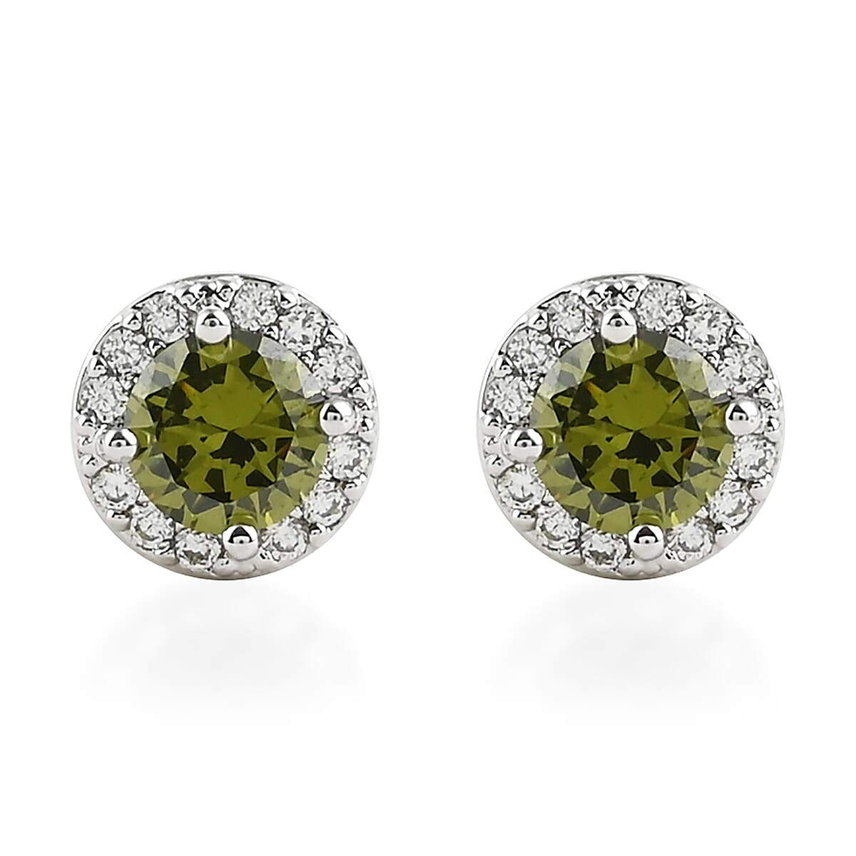 Simulated Peridot, Simulated Diamond Halo Stud Earrings in Silvertone 0.16 ctw
