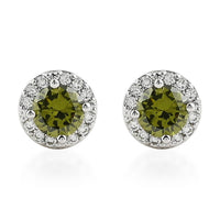 Simulated Peridot, Simulated Diamond Halo Stud Earrings in Silvertone 0.16 ctw