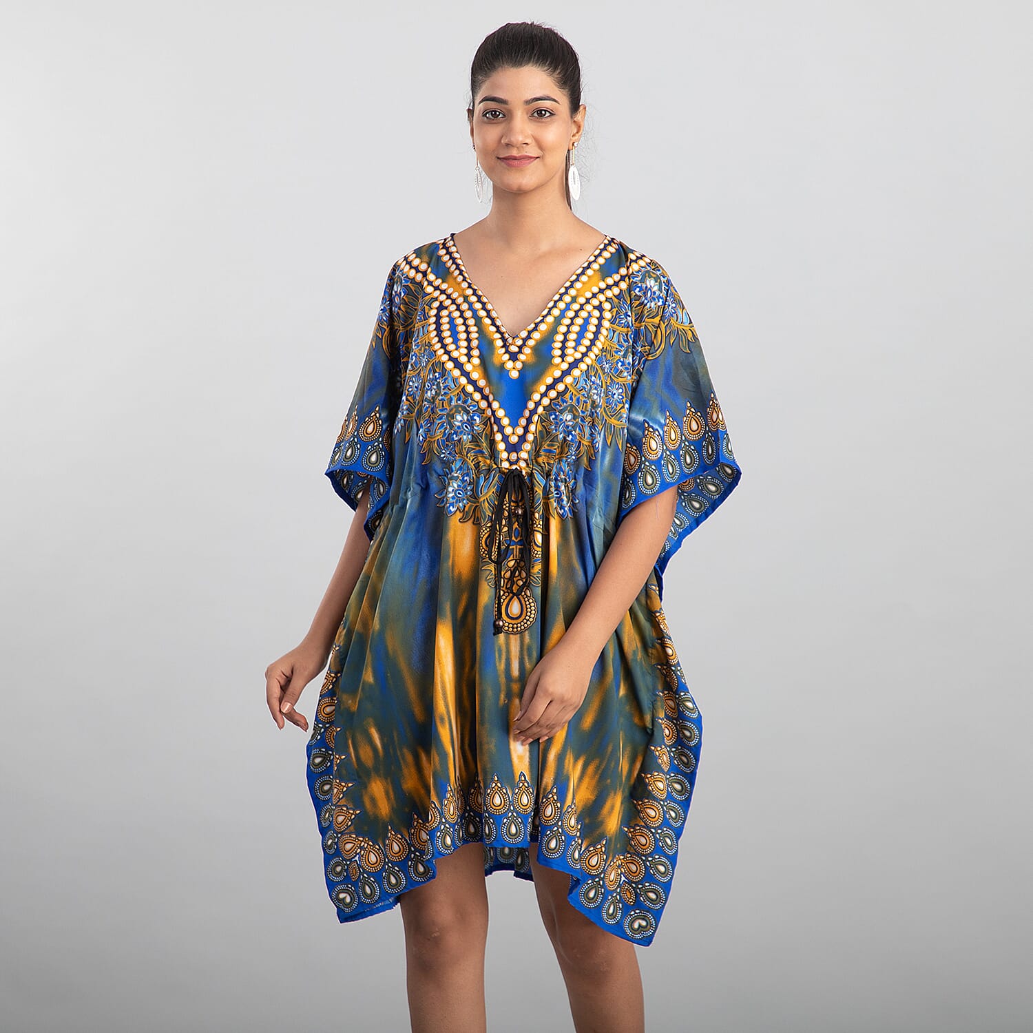 TAMSY Blue Pheonix Print 100% Polyester V-neck Kaftan with Pockets - One Size Fits Most (36"x41")