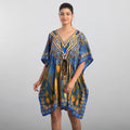 TAMSY Blue Pheonix Print 100% Polyester V-neck Kaftan with Pockets - One Size Fits Most (36"x41") - Sticky add to cart bar