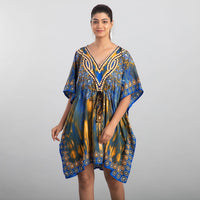 TAMSY Blue Pheonix Print 100% Polyester V-neck Kaftan with Pockets - One Size Fits Most (36"x41")