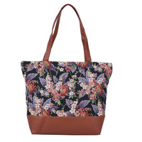 Black Floral Pattern Faux Leather and Jute Tote Bag (17.7x5.5x14) with 11 Handle Drop