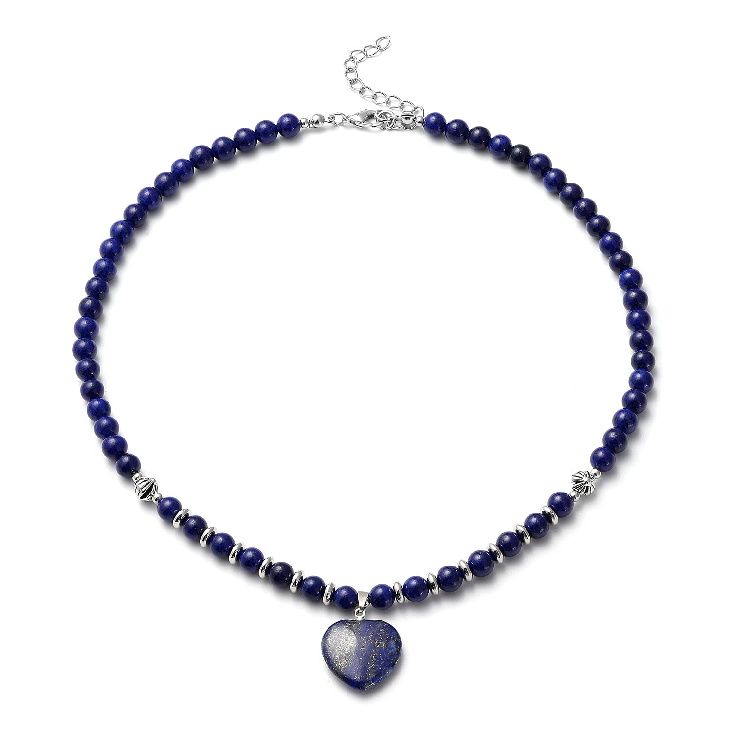 Lapis Lazuli Heart Pendant with Beaded Necklace 18-20 Inches in Silvertone 113.00 ctw