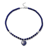 Lapis Lazuli Heart Pendant with Beaded Necklace 18-20 Inches in Silvertone 113.00 ctw