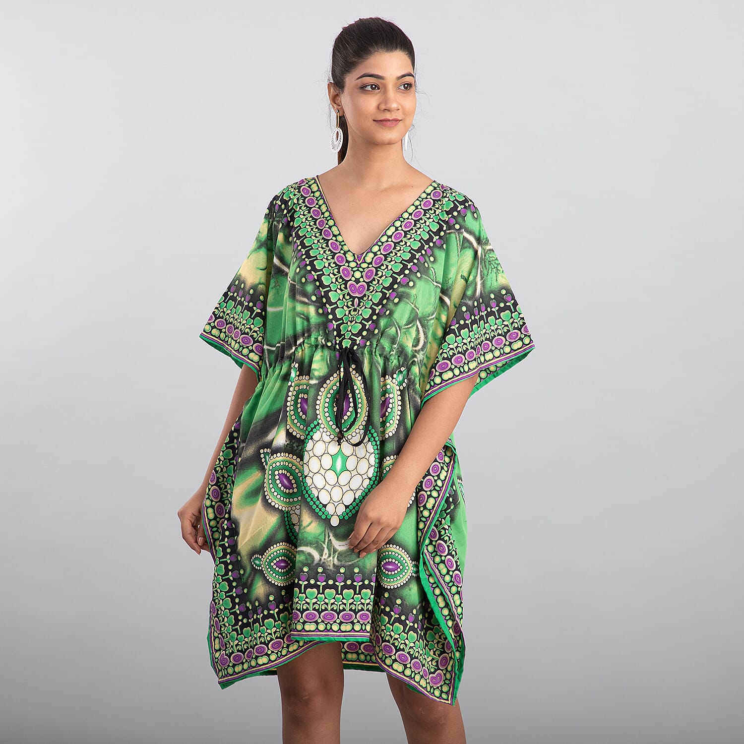 TAMSY Green Bohemian Print 100% Polyester V-neck Kaftan with Pockets - One Size Fits Most (36"x41")