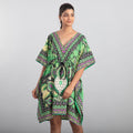 TAMSY Green Bohemian Print 100% Polyester V-neck Kaftan with Pockets - One Size Fits Most (36"x41") - Sticky add to cart bar