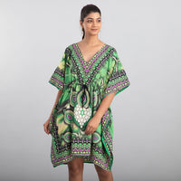 TAMSY Green Bohemian Print 100% Polyester V-neck Kaftan with Pockets - One Size Fits Most (36"x41")