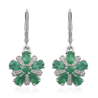 AAA Kagem Zambian Intense Green Emerald and White Zircon Flower Dangle Earring in Rhodium Over Sterling Silver 2.50 ctw