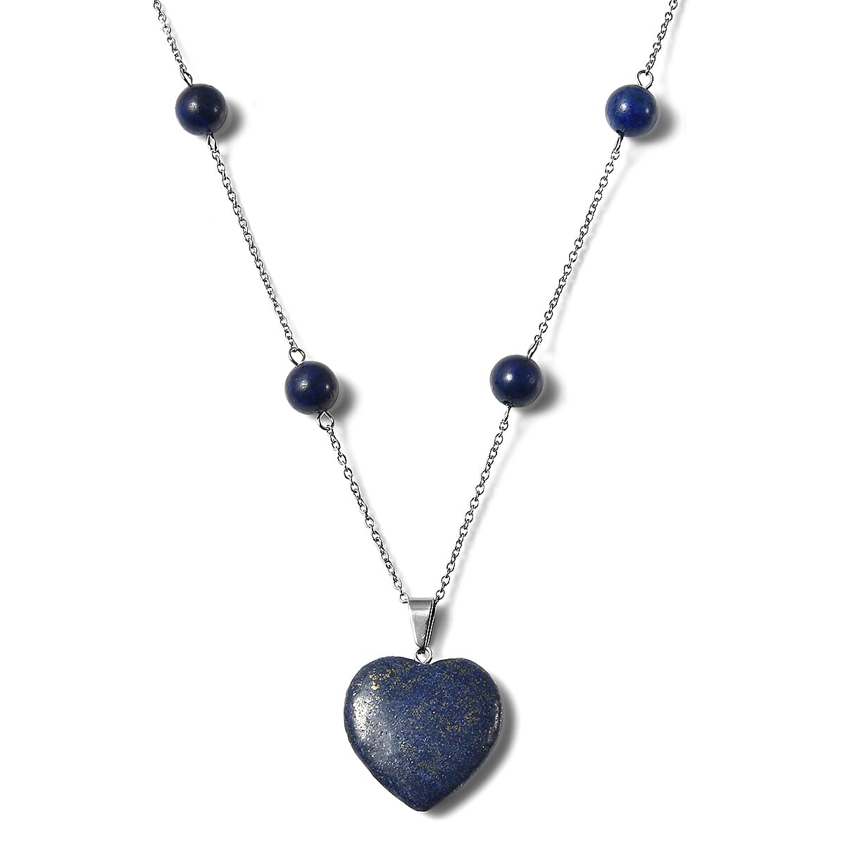 Lapis Lazuli Heart Charm Station Necklace 22 Inches in Stainless Steel 65.00 ctw