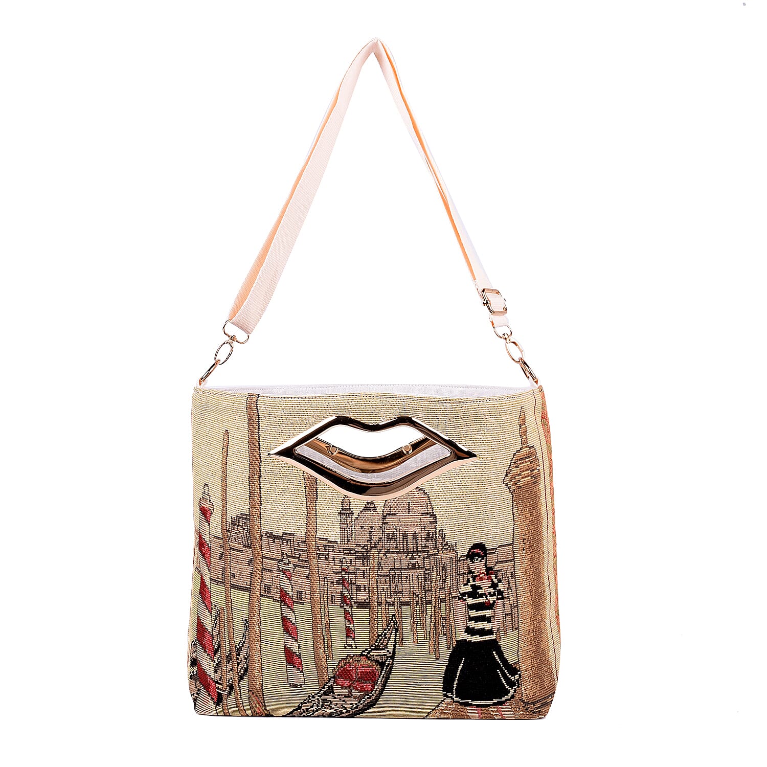 Beige Venice Theme Jacquard Pattern Crossbody Bag (15.35"x3.9"x11.4") with Detachable Shoulder Strap