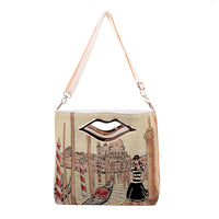 Beige Venice Theme Jacquard Pattern Crossbody Bag (15.35"x3.9"x11.4") with Detachable Shoulder Strap