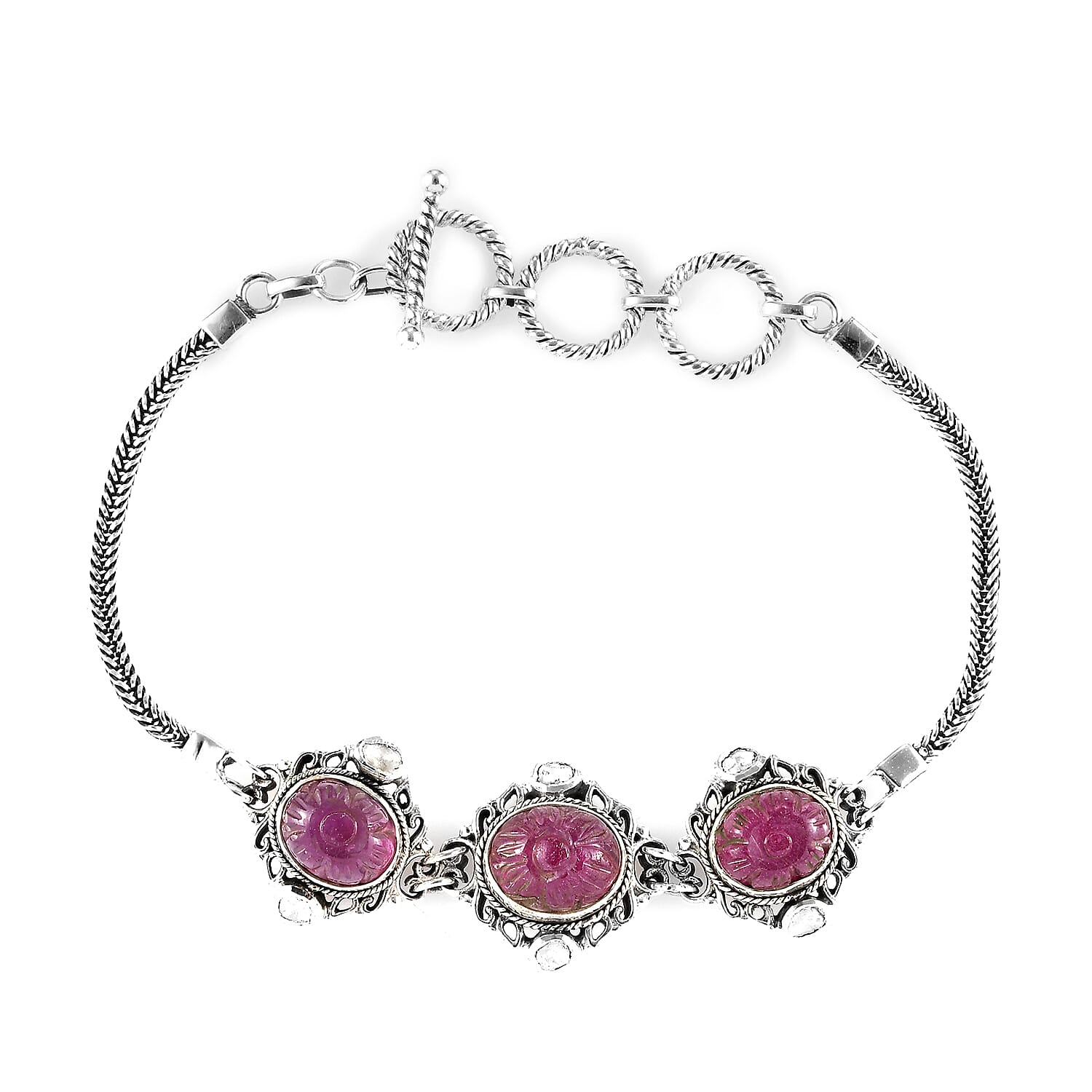 Artisan Crafted Tanzanite Carved and Polki Diamond Bracelet in Sterling Silver (7.25 In) 12.40 ctw