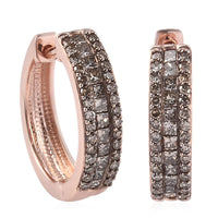 1.00 ctw Natural Champagne Diamond Hoop Earrings in Rhodium & Vermeil Rose Gold Over Sterling Silver