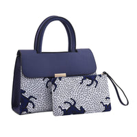 Set of 2 White and Blue Horse Pattern Nylon, Faux Leather Tote Bag and Clutch