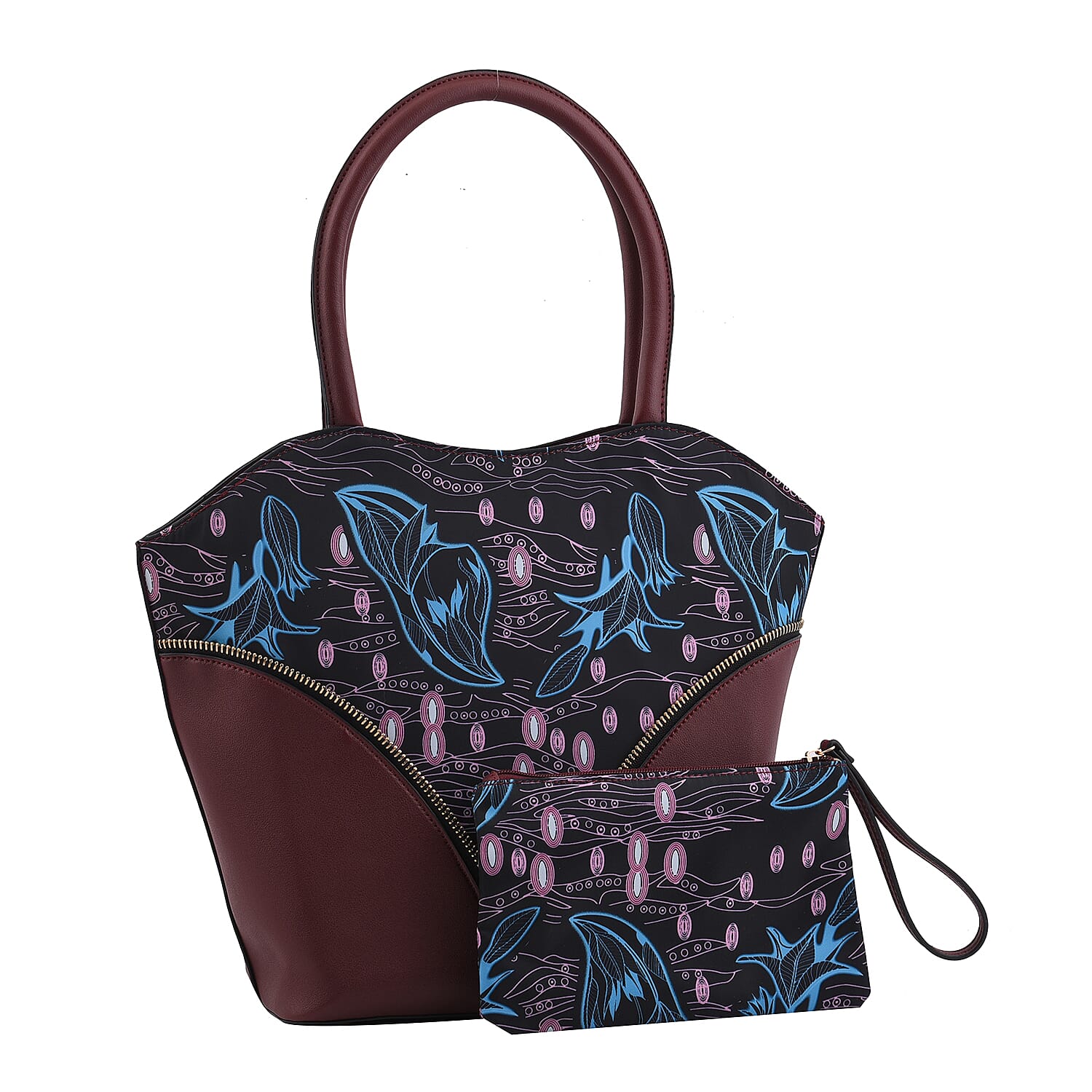 Set of 2 Wine Red and Floral Pattern Nylon, Faux Leather Tote Bag and Clutch