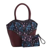 Set of 2 Wine Red and Floral Pattern Nylon, Faux Leather Tote Bag and Clutch