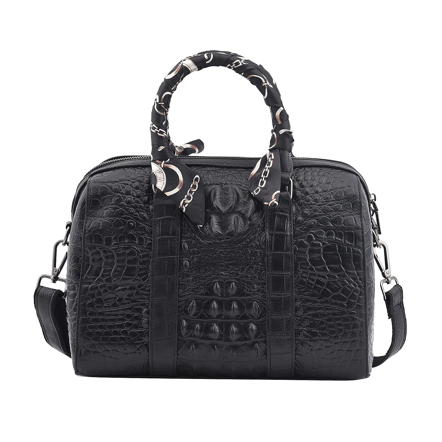 Black Crocodile Embossed Pattern Genuine Leather Convertible Bag (11"x5"x9") with Handle Drop and Shoulder Strap