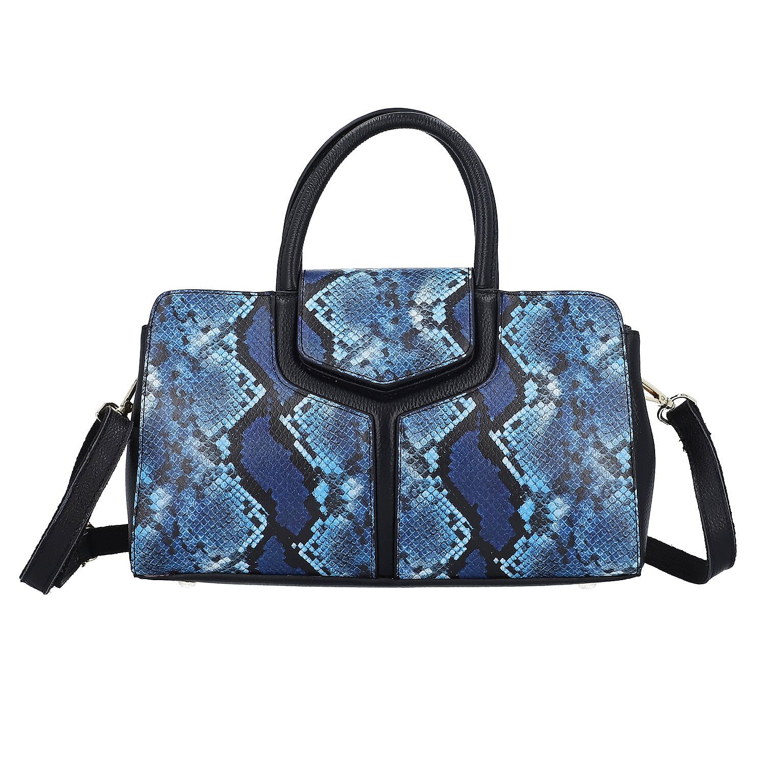 Black and Blue Snake Print Genuine Leather Convertible Tote Bag (12.2"x3.54"x7.09") with Handle Drop and Shoulder Strap