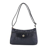 Black Faux Leather Crossbody Bag with Metal Flower (12"x2.5"x7") and Adjustable Shoulder Strap
