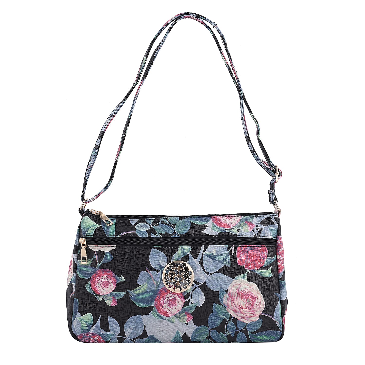 Black Floral Embossed Pattern Faux Leather Crossbody Bag (12"x2.5"x7") With Adjustable Shoulder Strap