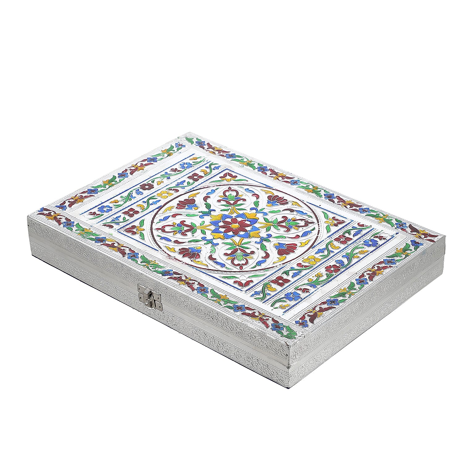 Handcrafted Aluminium Oxidized Flower Embossed Ring Box (14""x10""x2"")
