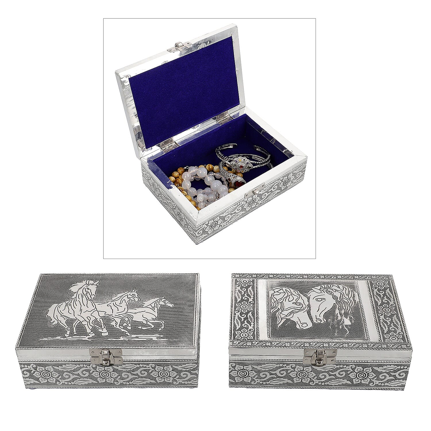 Set of 2 Aluminium Oxidized Horse Embossed Storage Box (7'x5') (1)