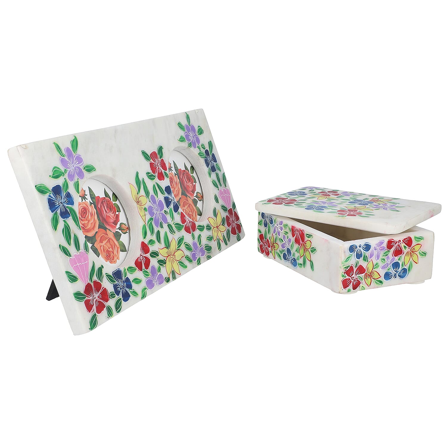Set of Two Blue and Multi Color Hand Painted Marble Box & Photo Frame
