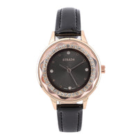 STRADA 10th ANNIVERSARY SPECIAL Austrian Crystal Japanese Movement Watch with Black Faux Leather Band