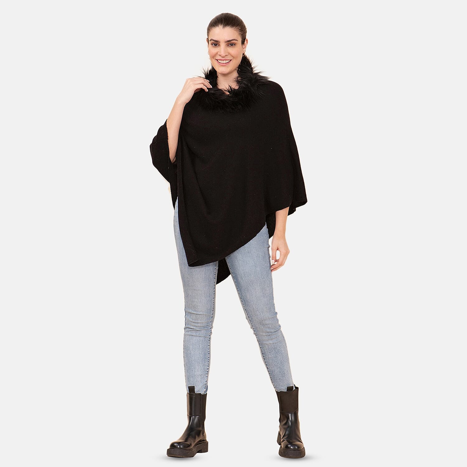 LA MAREY Cashmere Wool Black Designer Poncho with Faux Fur Trim (One Size Fits Most, 28"x28")