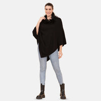 LA MAREY Cashmere Wool Black Designer Poncho with Faux Fur Trim (One Size Fits Most, 28"x28")