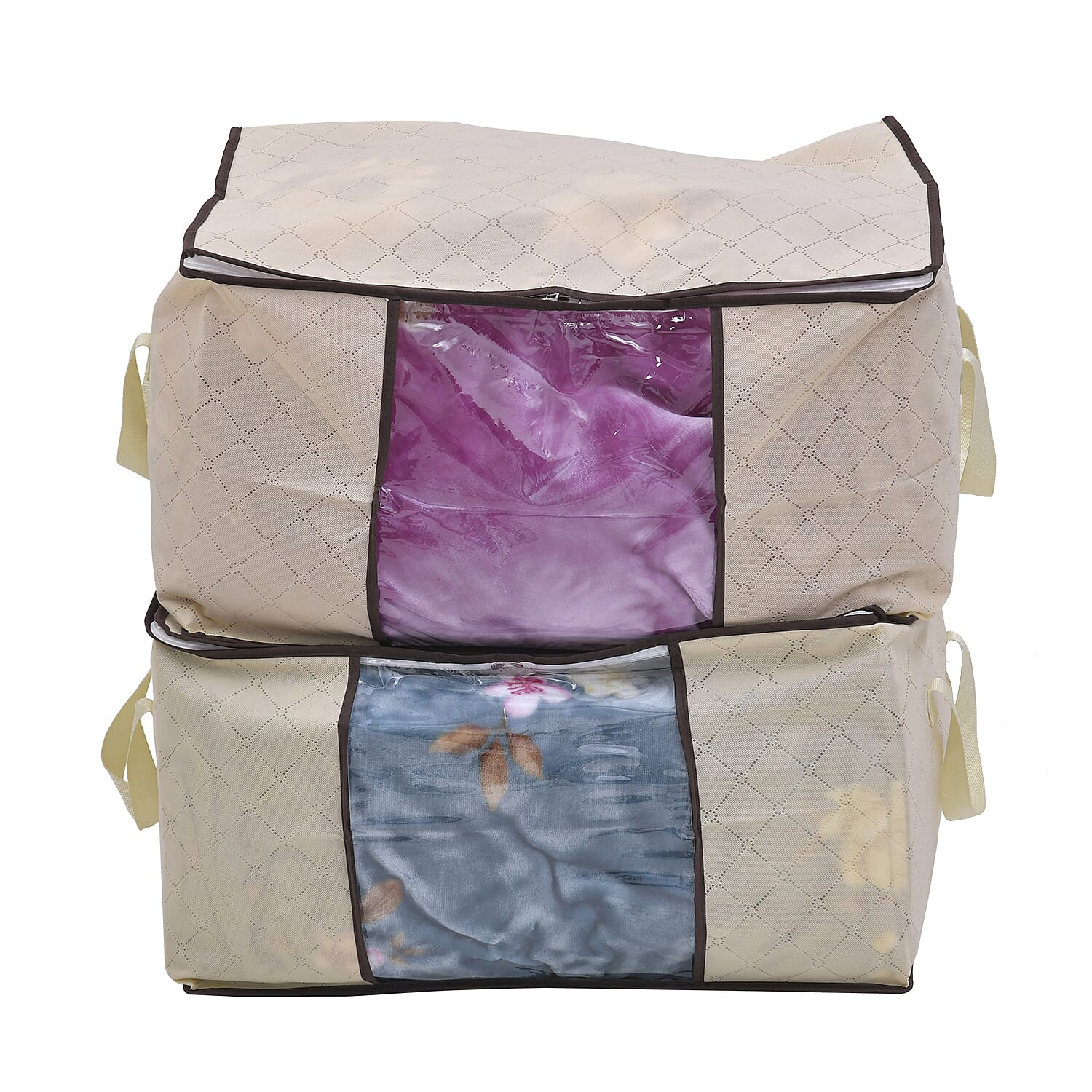 Set of 2 Beige Non Woven Fabric Storage Bag with Clear Window (23.6"x16.9"x13.7")