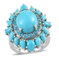 Natural Arizona Sleeping Beauty Turquoise and Malgache Neon Apatite Cocktail Ring in Platinum Over Sterling Silver (Size 10.0) 7.50 ctw