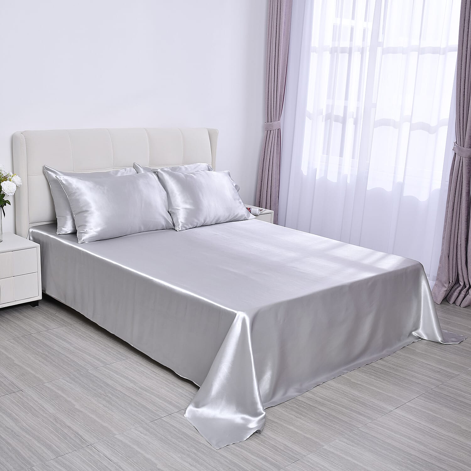 HOMESMART Gray Solid 6pcs Satin Sheet- King (100% Microfiber)