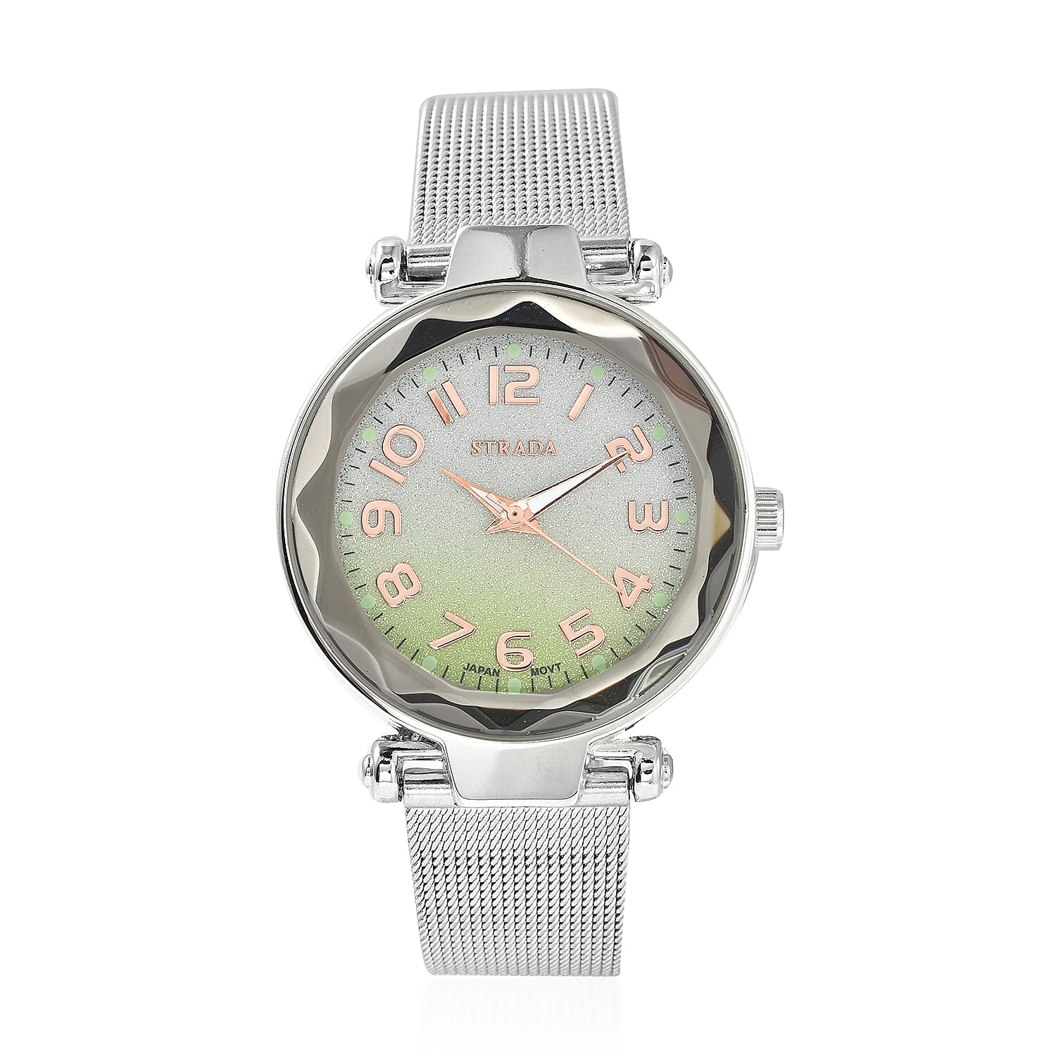 STRADA Japanese Movement Watch with Black and Silver Dial & Stainless Steel Mesh Strap